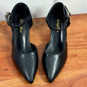 Ding Dou Black Faux Leather Pointed Toe Ankle Strap Heels Women's Size 35